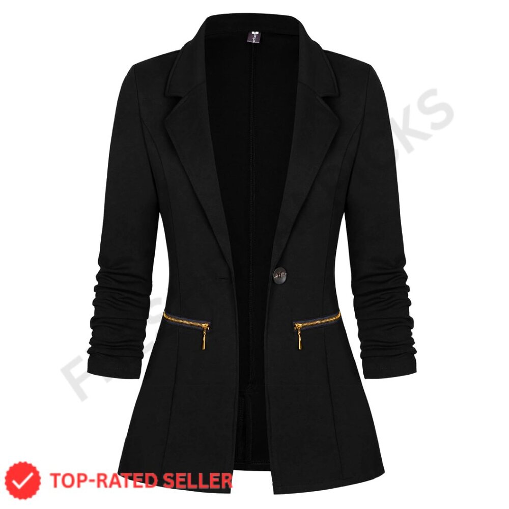 Long Sleeve Blazer Cardigan Jacket with Zipper Pockets for Work Office